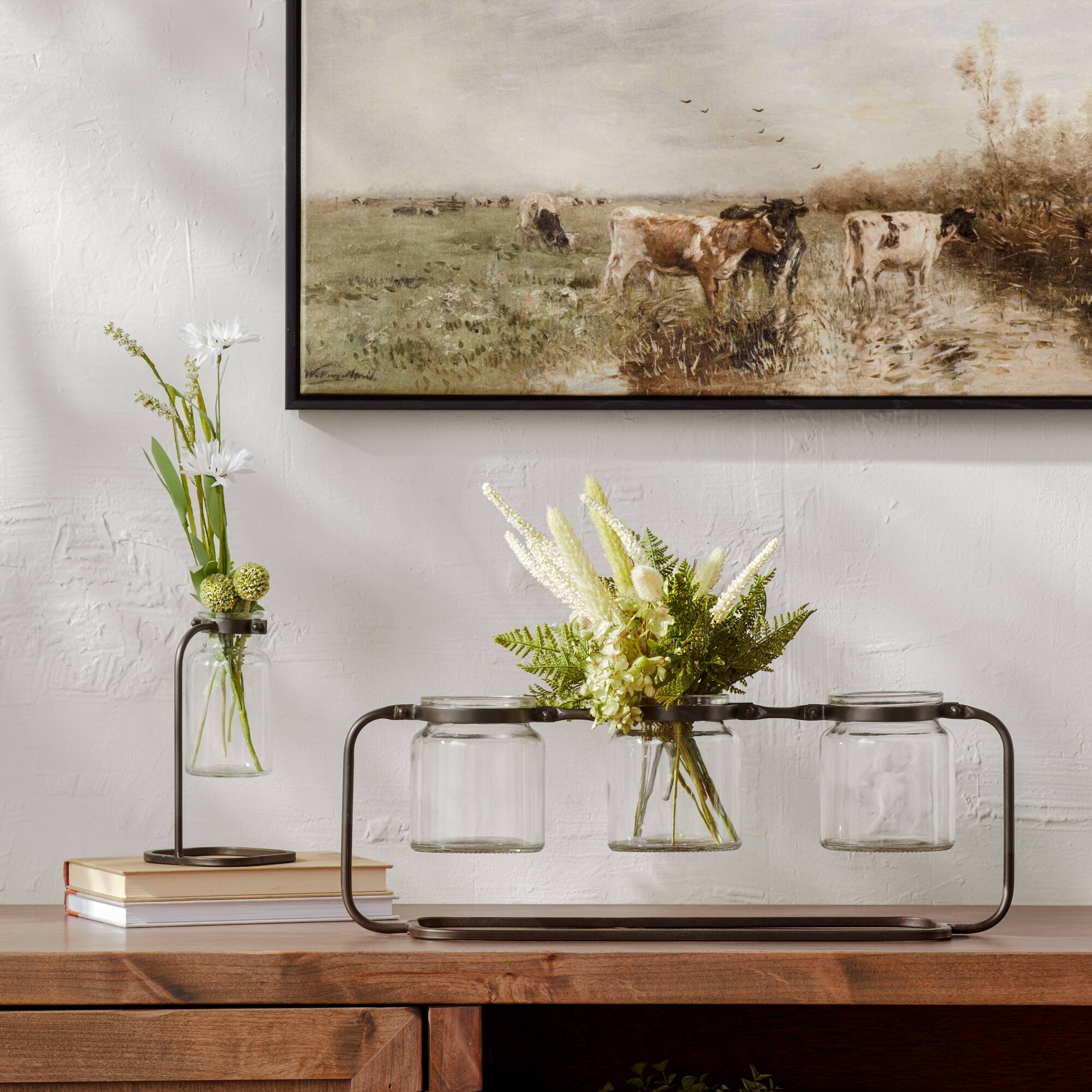 19.75" Glass Bottle Vases in Iron Stand